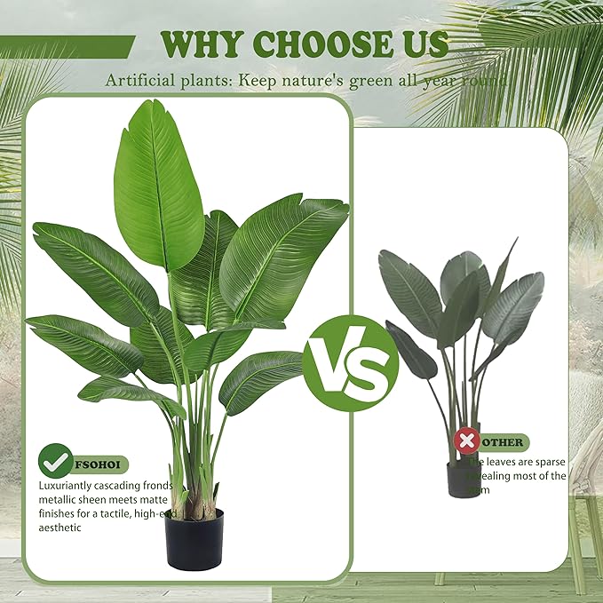 2 Pack Birds of Paradise Plant Artificial, 4FT Fake Plants Faux Banana Leaf Tree with 9 Banana Leaves, Lifelike Tall Fake Tropical Indoor Silk Floor Plant in Black Pot for House,Office,Room,Home Decor