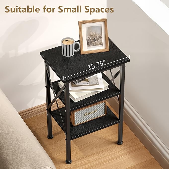 VECELO End Table, Bedside Table, 24" Tall Living Room End Tables, X-Design Reinforced Nightstands, Side Table with 3-Tier Storage Shelves for Small Spaces, Office, Bathroom, Bedroom, Classic Black