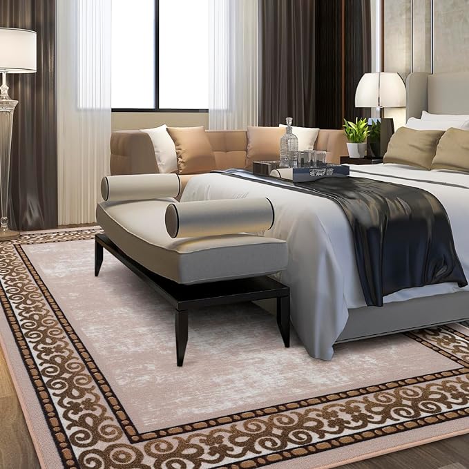 Antep Rugs Alfombras Bordered Modern 4x6 Non-Slip (Non-Skid) Low Pile Rubber Backing Indoor Area Rug (Beige, 4' x 5'8")
