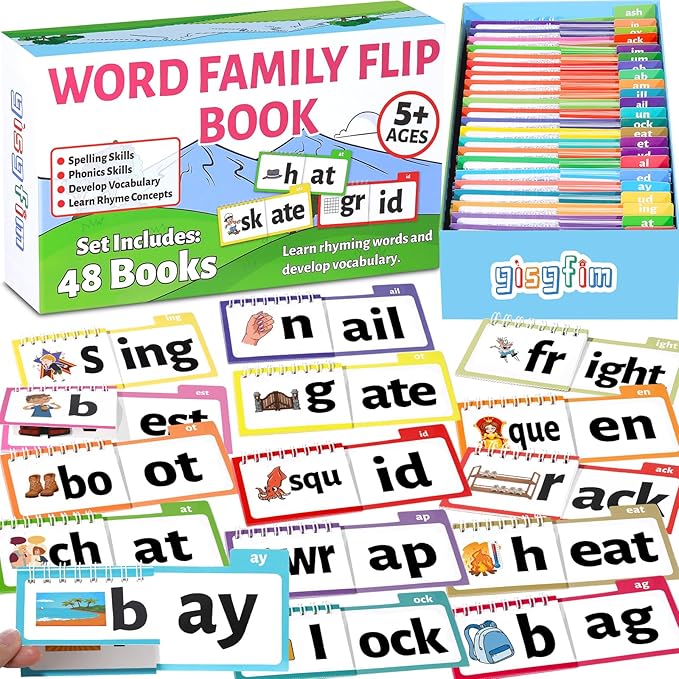 48 Word Family Build Book Spell Read and Rhyme Flip Activity Books Vocabulary Flashcards Kindergarten Sight Phonics Flashcard Learn to Read Activity Games for Kids Homeschool Supplies（Word Family)