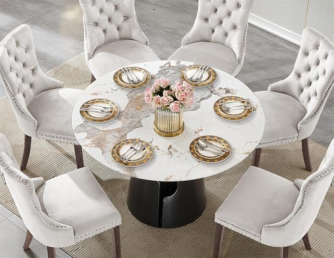 7-Piece Faux Marble Round Dining Table Set for 6, Modern Luxury Kitchen Table Set for 6 with Beige Tufted Chairs,Circle Dining Tables with Pandora Grain Top and Black Pedestal Base