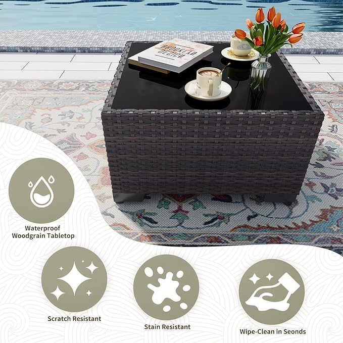 Gotland 8 Pieces Patio Furniture Set with Fire Pit Table, All Weather Rattan Outdoor Furniture with 29.5'' High Backrest 4’’ Thick Cushions Coffee Table, Outdoor Sectional for Porch, Deck, Navy