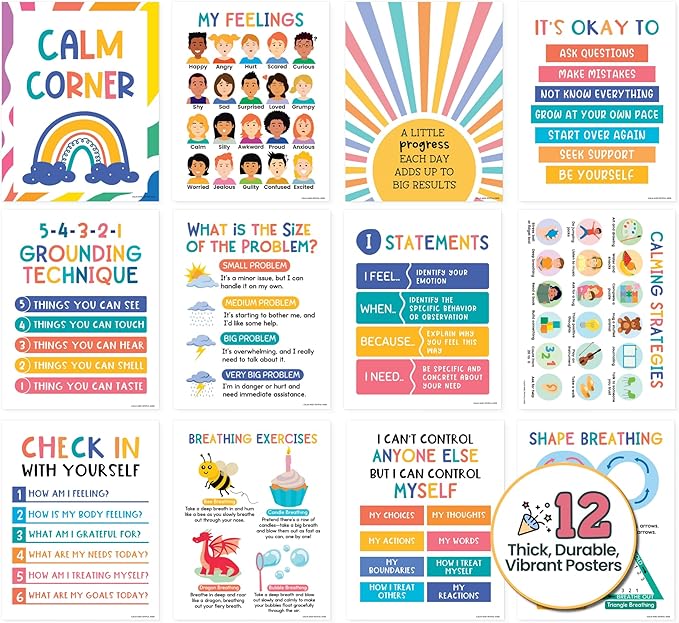 Calm Down Corner Posters – Feelings Chart for Kids, Preschool Classroom Toddler, Quiet Time Area, Coping Skills, Therapy Supplies, Social Emotional Peace Decor, Must Haves Calming Kit, Middle School