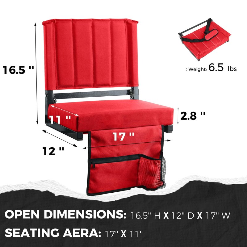 SPORT BEATS Stadium Seats with Back Support Bleacher Chairs with Back and Cushion Thick Padded Bleacher Seats Includes Shoulder Strap Red 2pcs Standard