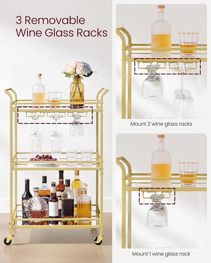 VASAGLE Bar Cart Gold, Small Home Bar Serving Cart with 3-Tier Mirrored Shelf, Wine Holders, Glass Holders, for Small Spaces, Kitchen, 15 x 23.6 x 36.2 Inches, Gold ULRC100A01