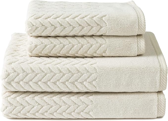 Texere 100% Organic Cotton Jacquard 650 GSM Premium Bath Towel Sets - Extra Absorbent Quick Dry and Plush (Cable, Birch, 2 Bath & 2 Hand Towels)