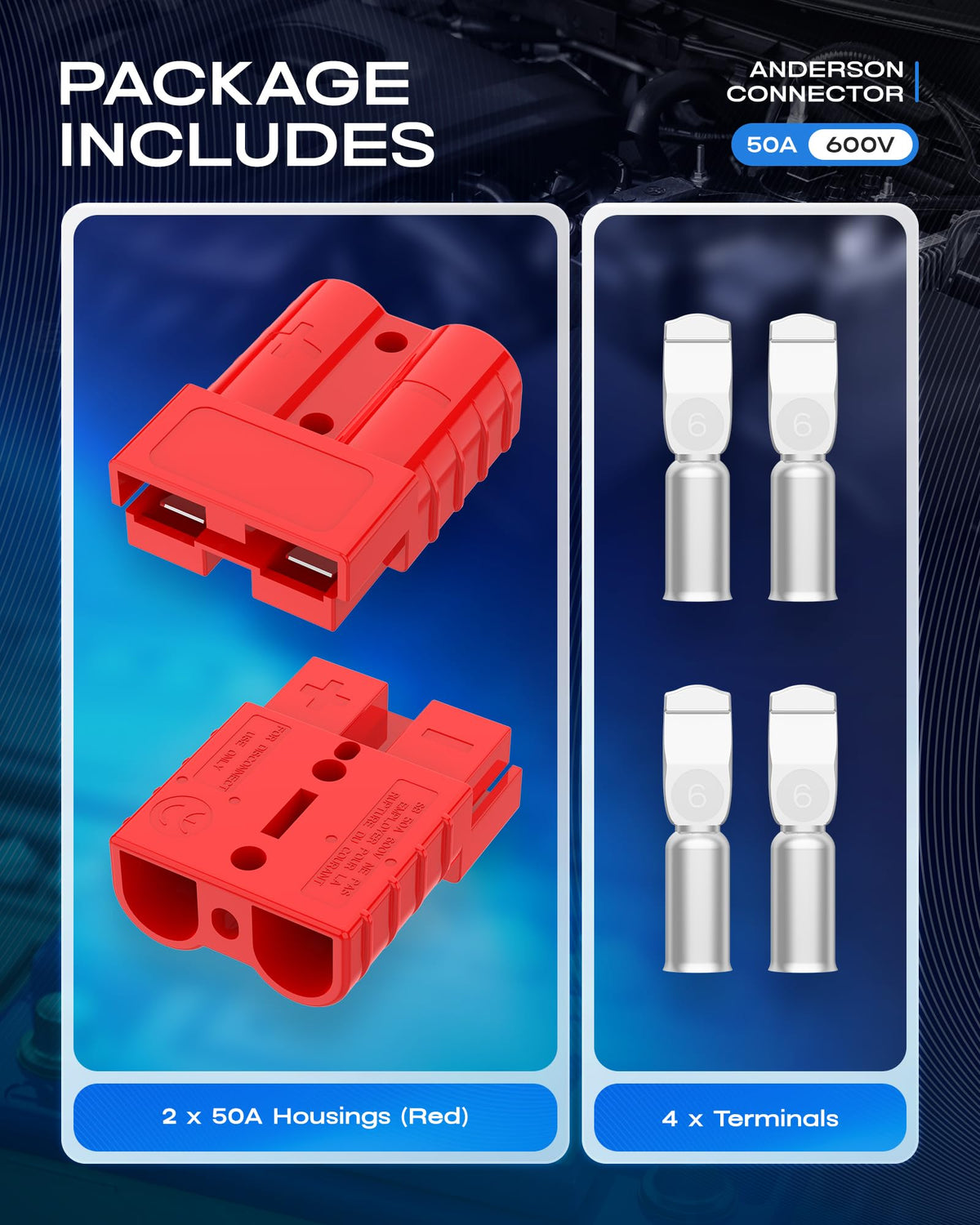 furwishlisting Anderson Connector 50A 600V Battery Quick Connect/Disconnect for 6-12 AWG Cables, Anderson Plug for Winch, Trailer, RV, Forklift (Red, 2 PCS)