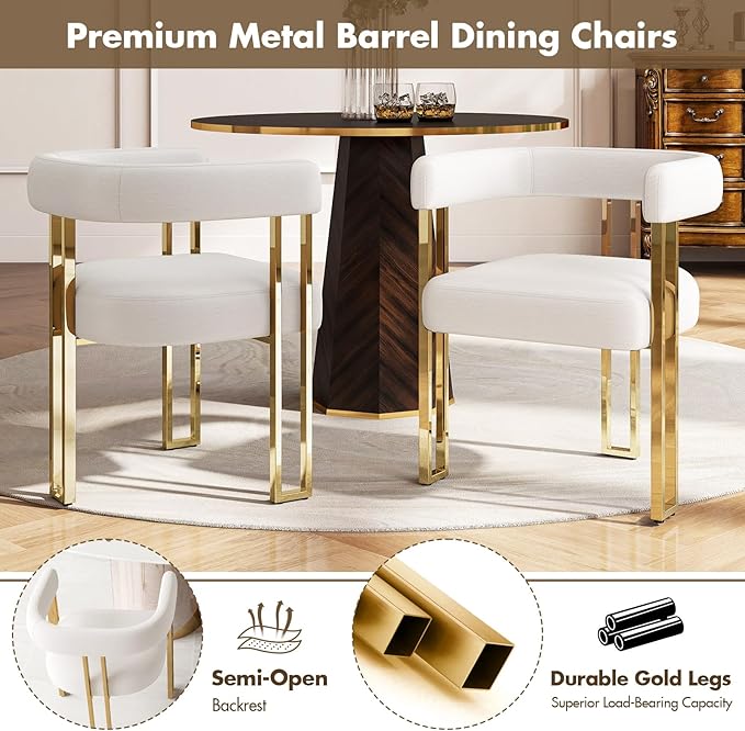 Set of 4 Beige and Gold Modern Dining Chairs, Velvet Upholstered Barrel Armchairs with Metal Legs for Kitchen Island, Mid Century Accent Chairs for Dining Room Living Room, Open-Back