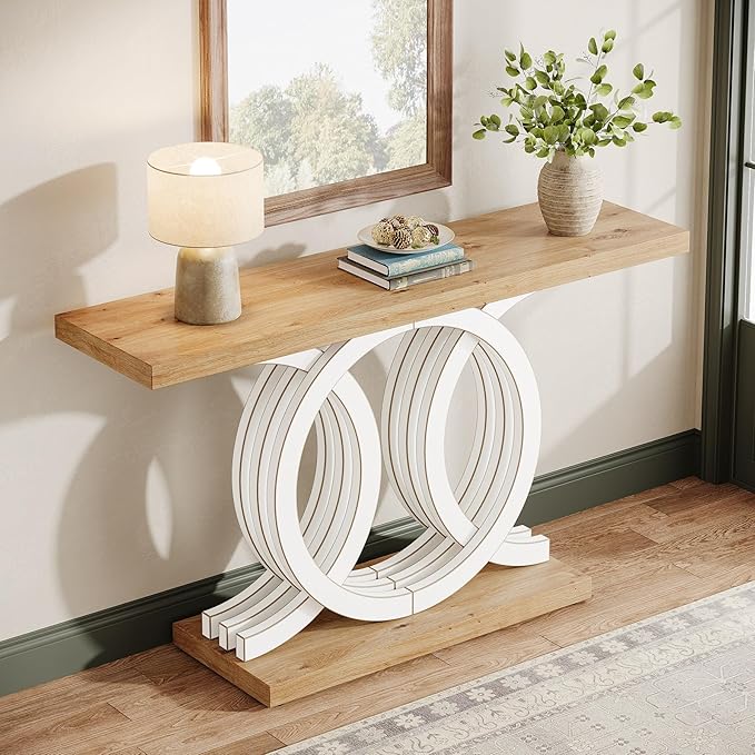 Tribesigns 55-Inch Console Table with Geometric Wood Base, Modern Entryway Table with Thick Tabletop for Living Room, Hallway, Foyer (White)