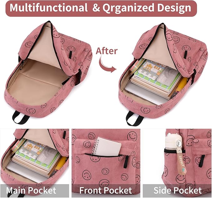 Backpack for Girls Boy Teen Corduroy Bookbags Elementary Middle High School Women Laptop Bag with Lunch Box Pencil Bag (Smile Pink)