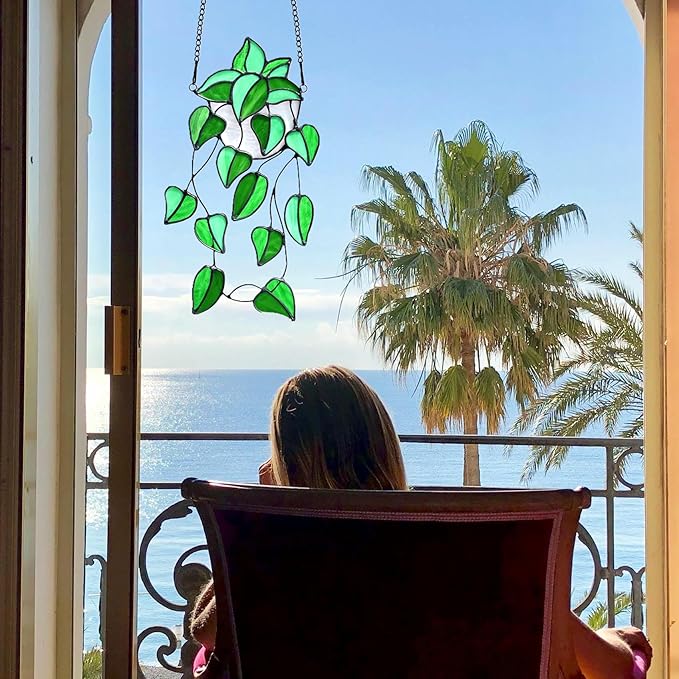 Green Faux Plants Stained Glass Window Hanging Suncatcher, Artificial Plants Decor Gift for Women, Stain Glass Sun Catchers Indoor Window, Handcrafted Home Wall Art Decoration Ornament.