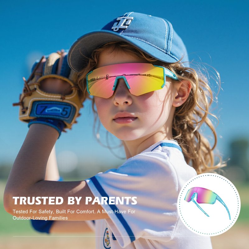 Fanshen Kids Baseball Sunglasses for Boys Girls Ages 3-12, Sports Polarized Youth Baseball Softball Sunglasses UV Protection (Bright Black/Ice Blue)