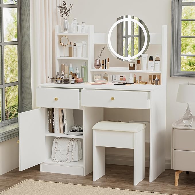 Vanity Table Set with Mirror and Adjustable Lights, Cushioned Chair, Make Up Desk for Bedroom, Elegant Dressing Table with 3 Color Lighting, 2 Drawers for Girls & Makeup Enthusiasts