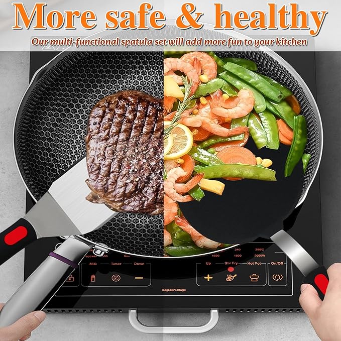 Spatula Set 6-Piece - kitchen utensils set cooking Stainless Steel Turner Set, 600°F Heat Resistant, Metal Spatulas for Griddle/Cast Iron & Nonstick Safe Silicone Tools for Egg, Pancake, Burger