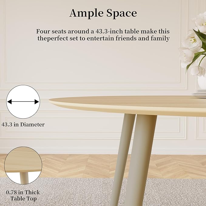 43.3 Inch Round Dining Table Set for 4, Modern Small Kitchen Coffee Set for Dining Room Kitchen Apartment (Cream Table + 4 Grey Chairs)