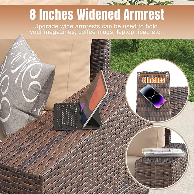Aoxun 13 Pieces Patio Furniture Set with 44” Fire Pit Table Wicker Rattan Outdoor Sectional Conversation Set with Coffee Table and 4” Thickened Cushions, Beige (Waterproof Cover Included)