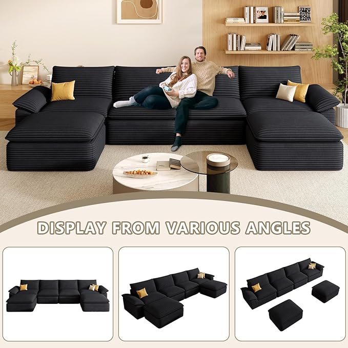 142" Cloud Sectional Couch with U-Shaped Chaise, Corduroy Sectional Sofa with Ottoman, Boneless Couch with Deep Seat in a Box for Living Room, No Assembly Required (Black)