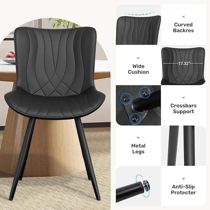 Dining Chair Set of 2 PU Leather Dining Room Chairs Upholstered Comfy Dining Chairs Modern Kitchen Armless Side Chair with Sturdy Metal Legs,Black
