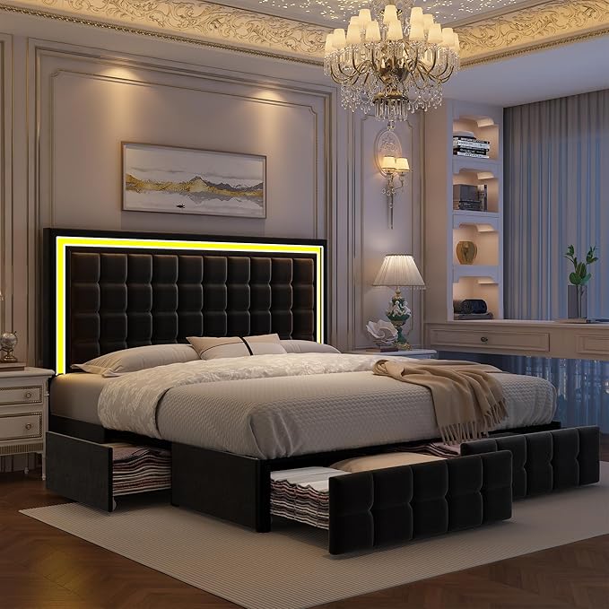 King Bed Frame with LED Lights & Storage Drawers, No Box Spring Needed, Heavy Duty 900lbs Weight Capacity, Easy Assembly, Modern Upholstered Platform Bed, Velvet Black