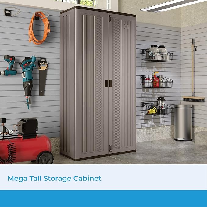 Suncast 31 Cubic Feet Mega Tall Storage Cabinet with 3 Adjustable Shelves, Platinum Metallic & Slate – Garage or Basement Utility Resin Organizer with 75 Pound Capacity Per Shelf and Lockable Doors