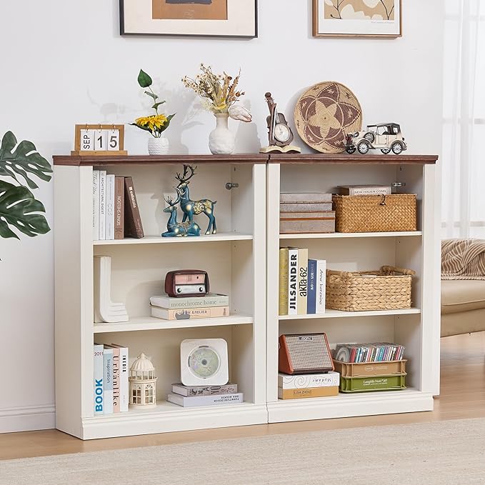 43" White Tall Bookshelf Set of 4,3-Tier Thick Wooden Book Shelf with Adjustable Shelves,Free Standing Farmhouse Bookcase with Open Display Storage,Floor Vintage Bookshelves for Living Room