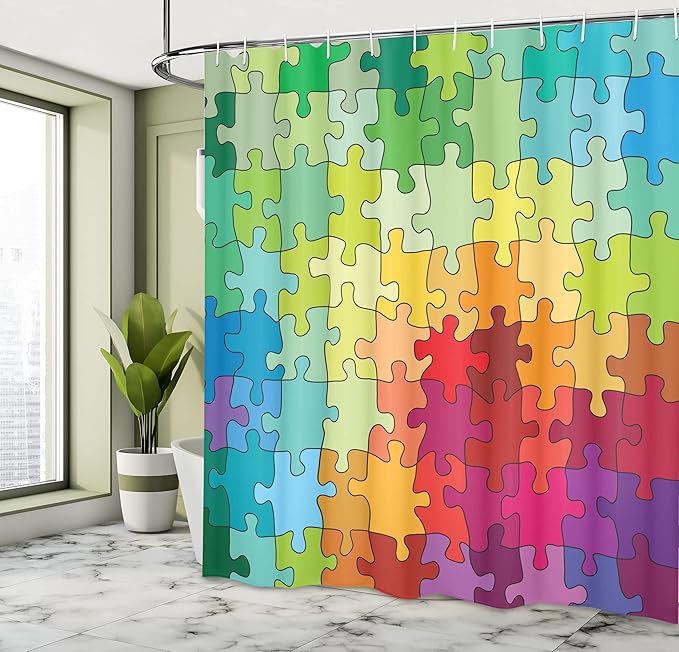 Ambesonne Abstract Shower Curtain, Colorful Game Pieces Fractal Hobby Activity Leisure Cartoon Image, Cloth Fabric Bathroom Decor Set with Hooks, 69" W x 70" L, Multicolor Mustard Burgundy