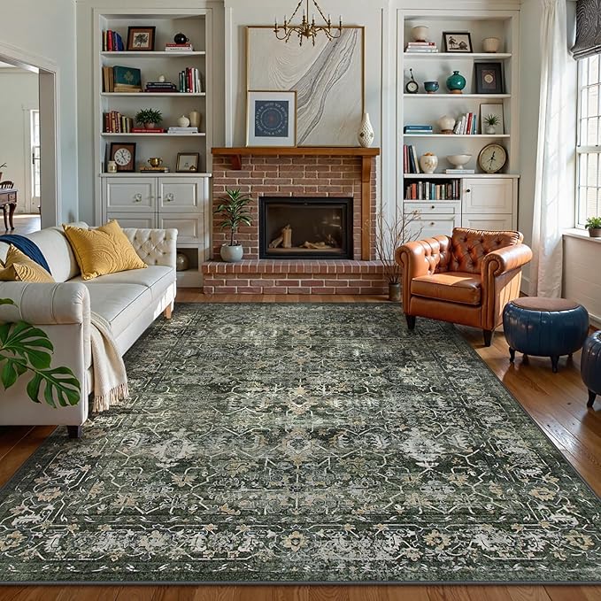 Lahome 6x9 Boho Green Area Rugs Washable Rugs for Living Room,Large Rugs for Bedroom Aesthetic,Distressed Non Slip Low Pile Dining Room Rug Carpet for Home Office Playroom(6'x9',Green)