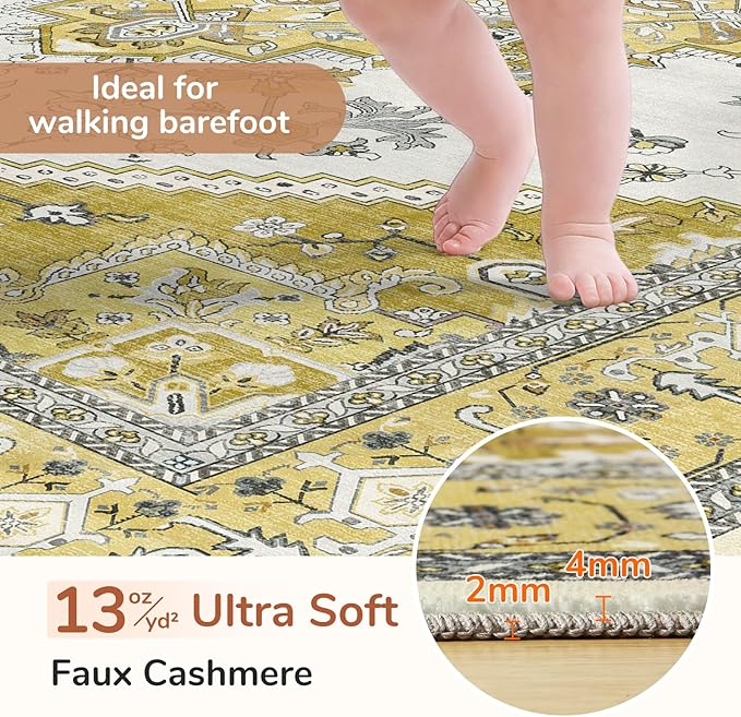 OPPODREAM Thin 10x14 Area Rugs, Washable Rugs 10x14 with Non Slip Backing, Low-Pile Faux Cashmere 10 x 14 Carpet, Yellow