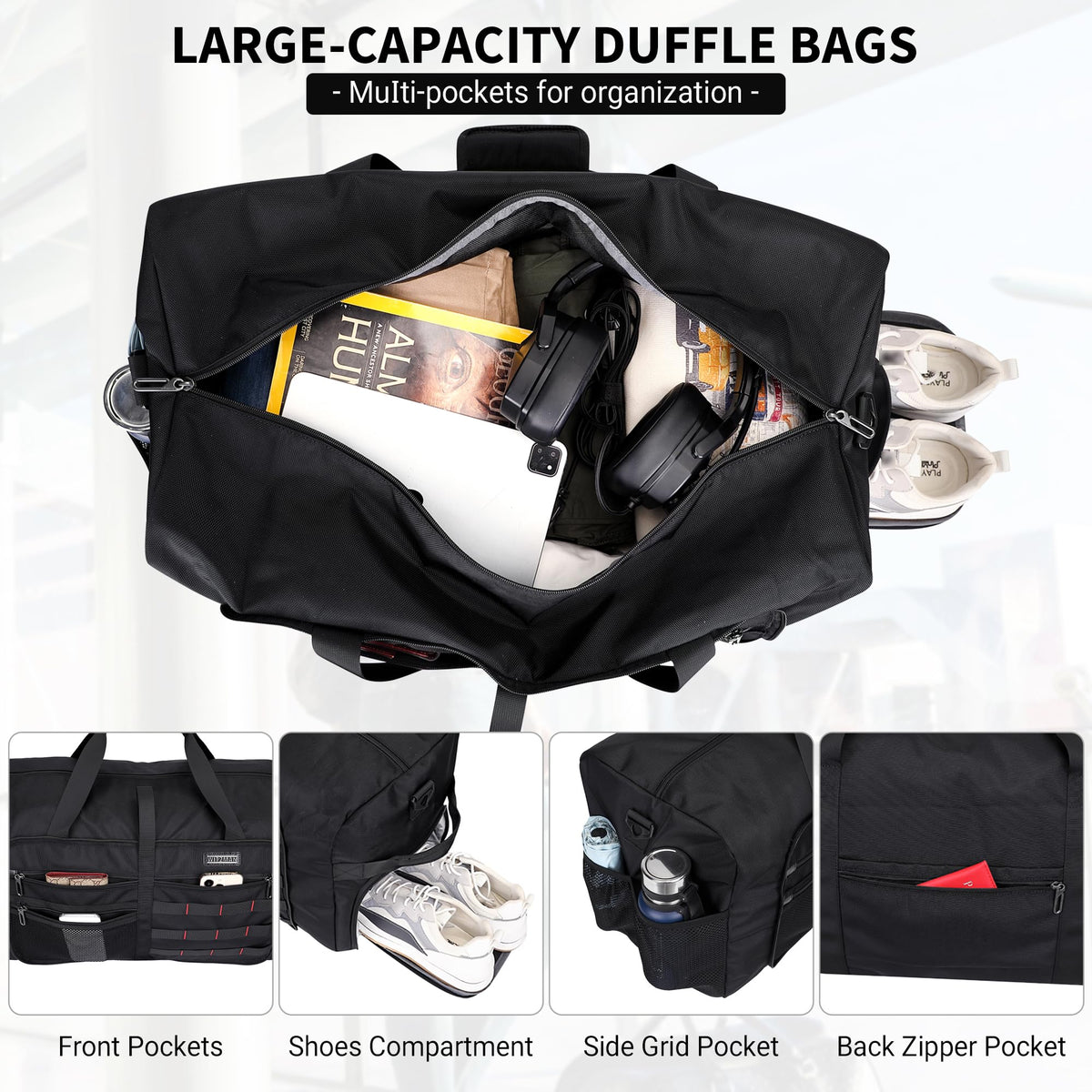 WITZMAN Foldable Duffle Bag for Men Large 65L Travel with Shoe Compartment