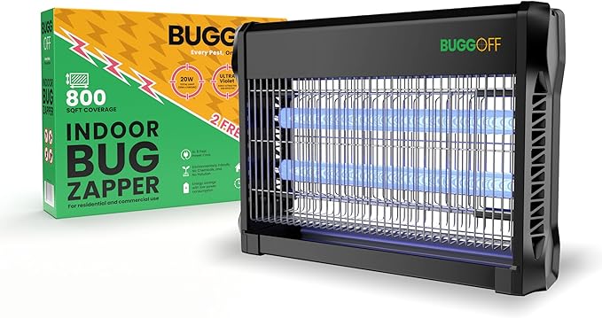 BUGGOFF Black Modern Indoor Electric Bug Zapper, 800 SQFT Coverage, 3500 Volts of Stunning Power, 20 Watts, Kills Mosquitos Gnats, Flys & More. 5 Year Warranty, X2 Free Replacment Bulb (4 Pack)