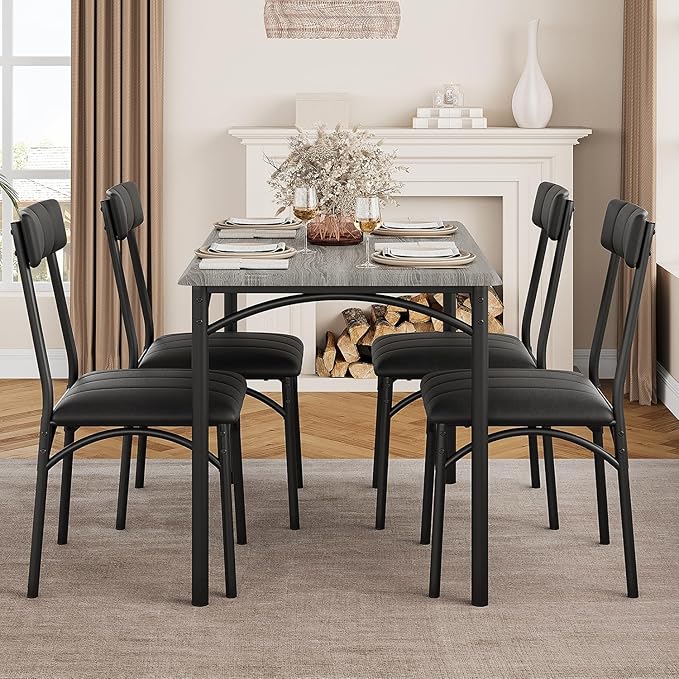 Kitchen Table and Chairs for 4, Dining Table Set for 4 with Upholstered Chairs, 5 Piece Rectangular Kitchen Table Set, Dining Room Table Set for Small Space, Apartment, Rustic Gray