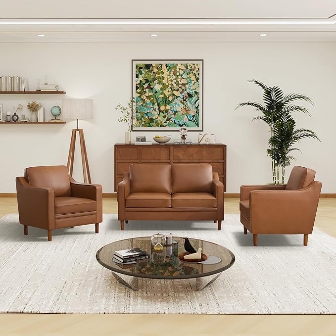 Kingfun Living Room Furniture Sets, 2 Armchair and Loveseat, Mid Century Modern Sofa Set, Faux Leather Couch with Solid Wood Frame for Living Room & Bedroom, Brown