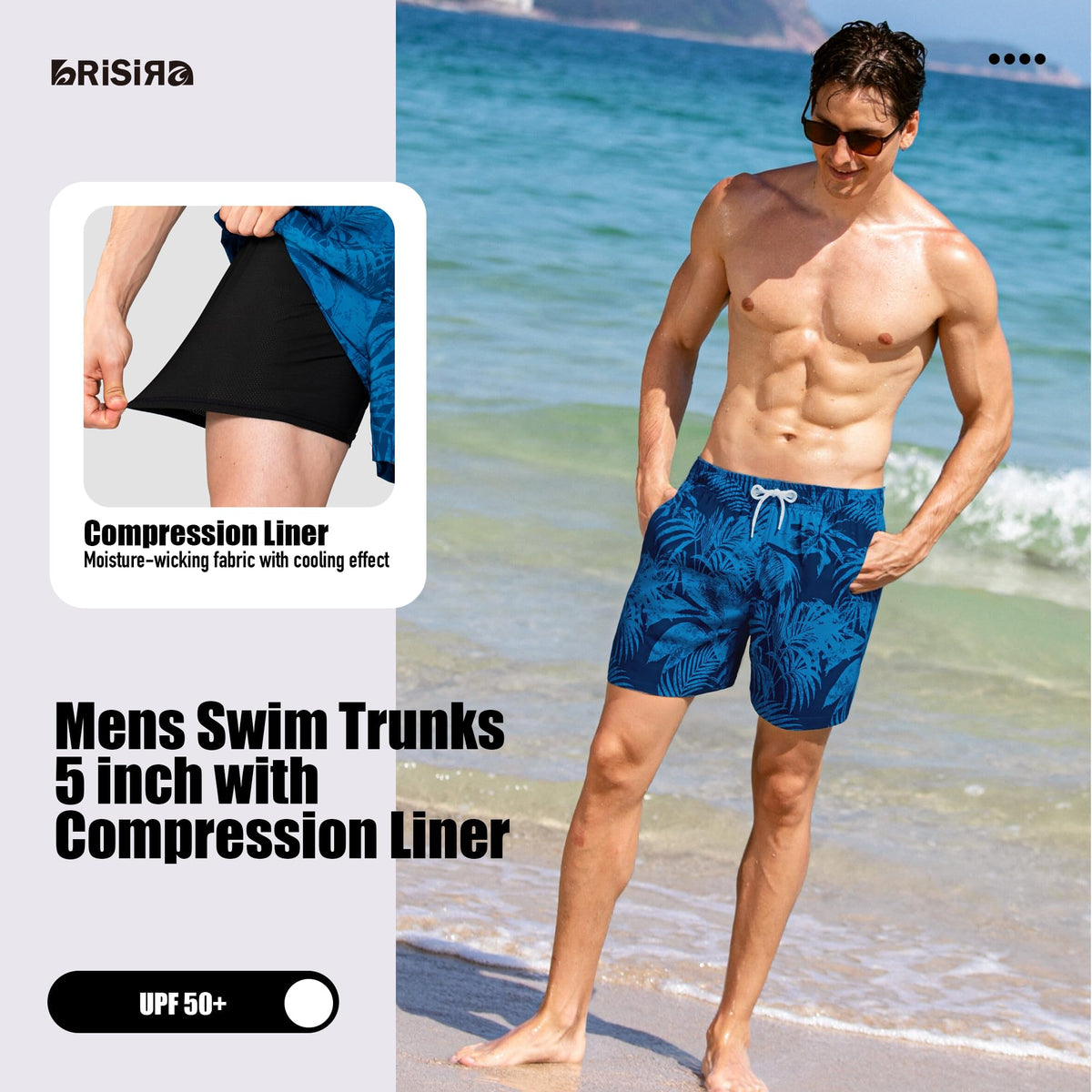 BRISIRA Mens Swim Trunks 5 inch Swim Shorts Quick Dry Stretch Bathing Suits with Compression Liner Board Shorts Pockets