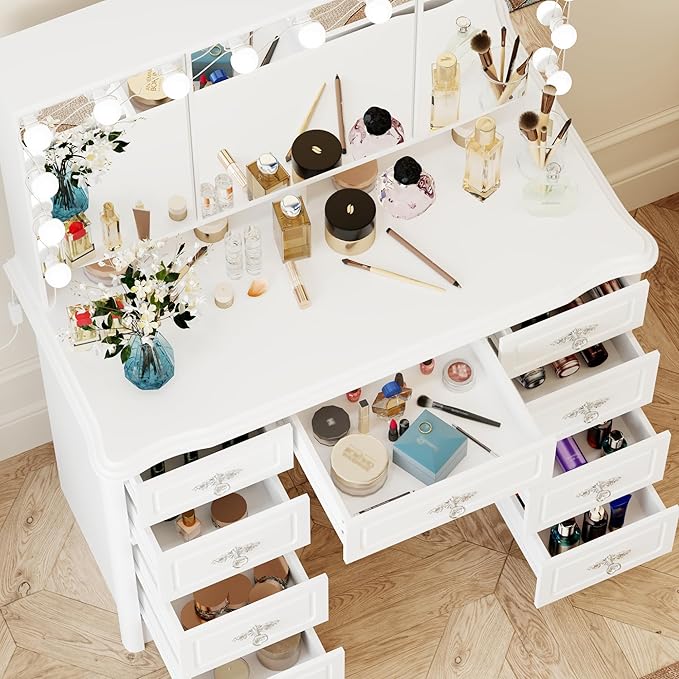 ECACAD White Makeup Vanity Desk with 15 Light Bulbs & 3 Mirrors, Modern Vanity Table Dressing Table with 9 Drawers, Hidden Shelves & Foldable Mirror, 3 Color Lighting Modes, Brightness Adjustable