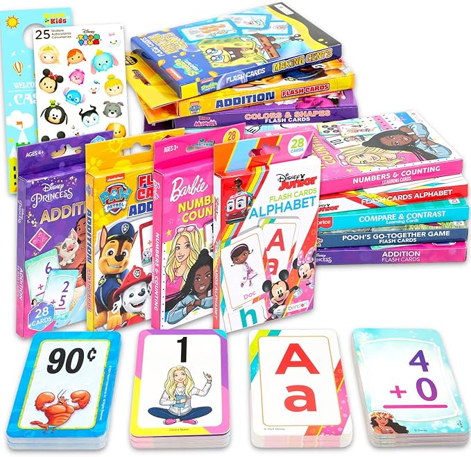 Bulk Licensed Flash Cards for Toddlers - 9 Packs of Flashcards Learning Set Featuring Hello Kitty, Paw Patrol, Spongebob, Disney Princess, More | Kindergarten Preschool Learning