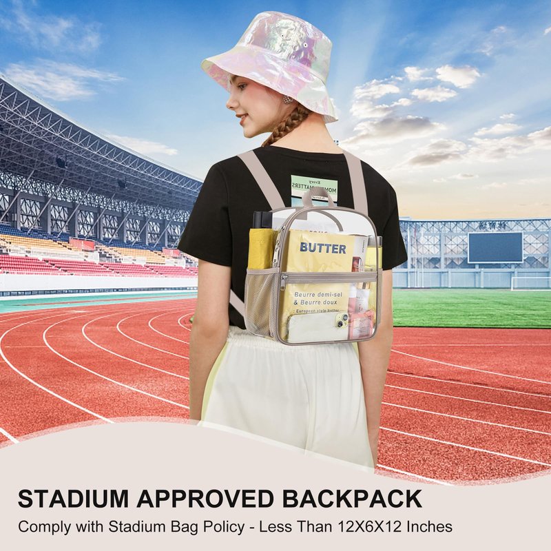 Slumou Clear Backpack for Stadium Events 12x12x6 Sports Backpack Mini Small for Fan, Concert, Beach, Work, Travel & Sporting（Khaki）