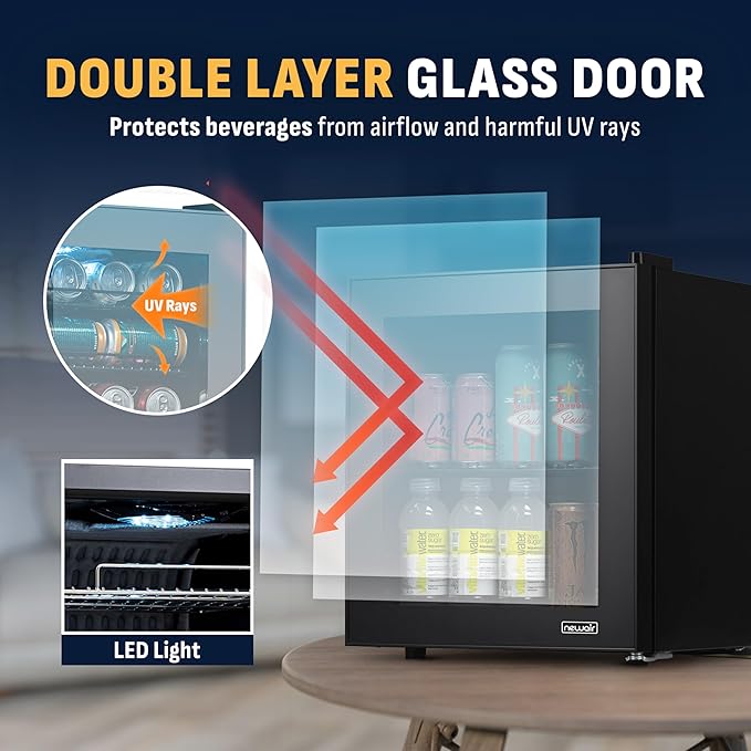 NewAir 60 Can Beverage Refrigerator | Compact Freestanding Mini Fridge for Bedroom, Dorm, Office or Gaming Room | Glass Door, Adjustable Shelf & Quiet Cooling | Black
