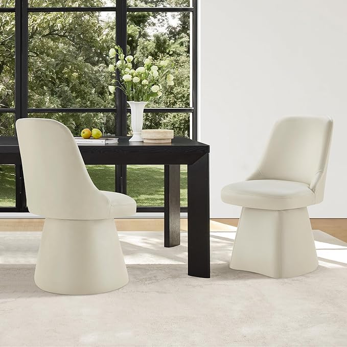 Swivel Dining Chairs Set of 2, Upholstered Mid Century Modern Deskchair with High Back, Faux Leather Kitchen Chairs for Dining Room, Bedroom, Dressing Room, Cream