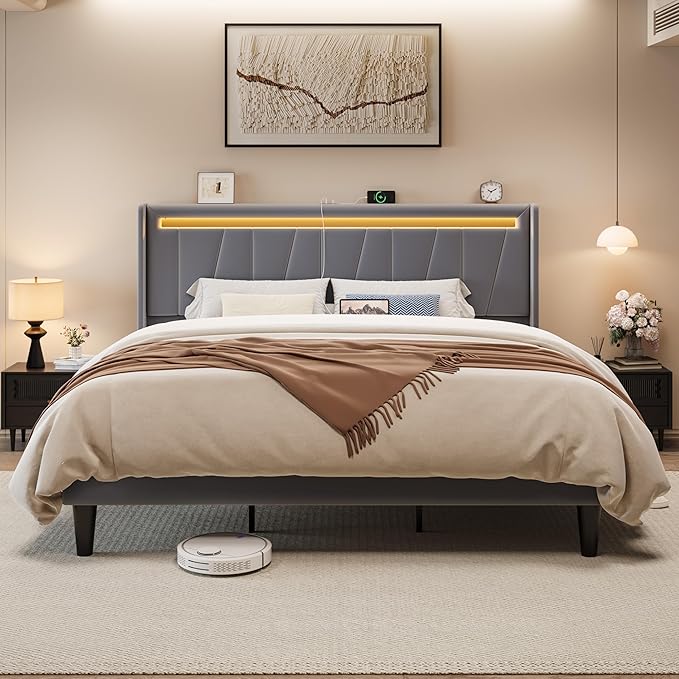 Allewie King Size LED Bed Frame with Charging Station, Velvet Upholstered Platform Bed with Geometric Wingback Headboard, Modern Frame with No Box Spring Needed, Easy Assembly, Grey