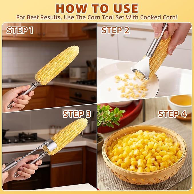 Fvbber Upgraded Corn Peeler 3PCS Stainless Steel Corn Peeler for Corn on The Cob with Corn Stripper Tool and Corn Holder Set, Corn Cob Stripper Tool for Quick & Easy Peeling, Corn Scraper for Kitchen