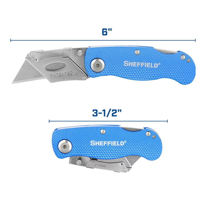 Sheffield Folding Utility Knife, Accepts Standard Utility Knife Blades, Box Cutter Aluminum Handle, Razor Blades Included, For Home, Office, Trades, and Warehouse