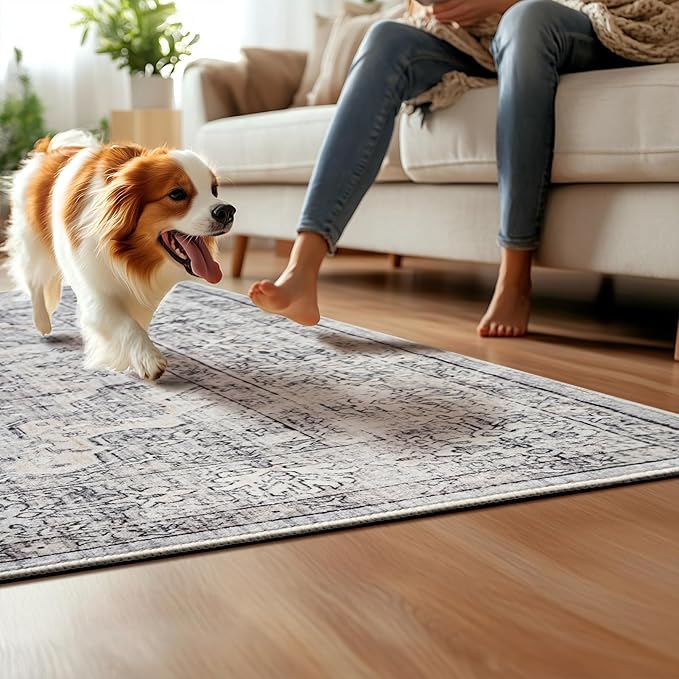 Neutral Grey 9x12 Large Rugs for Living Room Washable Modern Area Rugs Soft Faux Fur Low Pile Non Slip Stain Resistant Vintage Euro Floral Boho Medallion Carpet Rug for Bedroom Dining Room Family Room