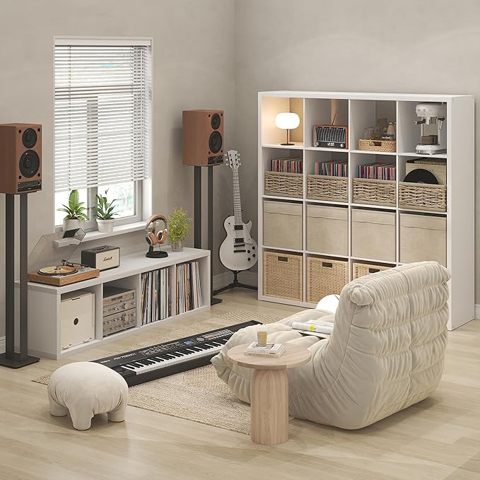 Furinno Cubicle Record Player Stand with Vinyl Storage, 16-Cube 1.2 Extra Thick Vinyl Record Storage, Open Back Media Shelf for CD DVD Blueray Game Disc, for Living Room, Home Office, White