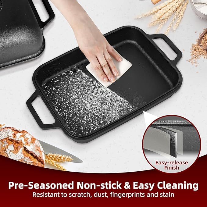 Davivy 9QT Dutch Oven for Sourdough Bread, Non-stick Cast Iron Sourdough Bread Loaf Baking Pan, Large Capacity Cast Iron Loaf Pan, with Silicone Oven Mitts, 12.3" x 9.2", Matte Black