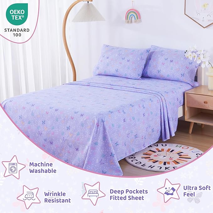 Viviland 4 Pieces Girls Light Purple Full Sheet Set - Soft Microfiber Fitted Flat Sheets & Pillowcases - Butterfly Floral Printed Bedding Sets - for Kids & Toddlers