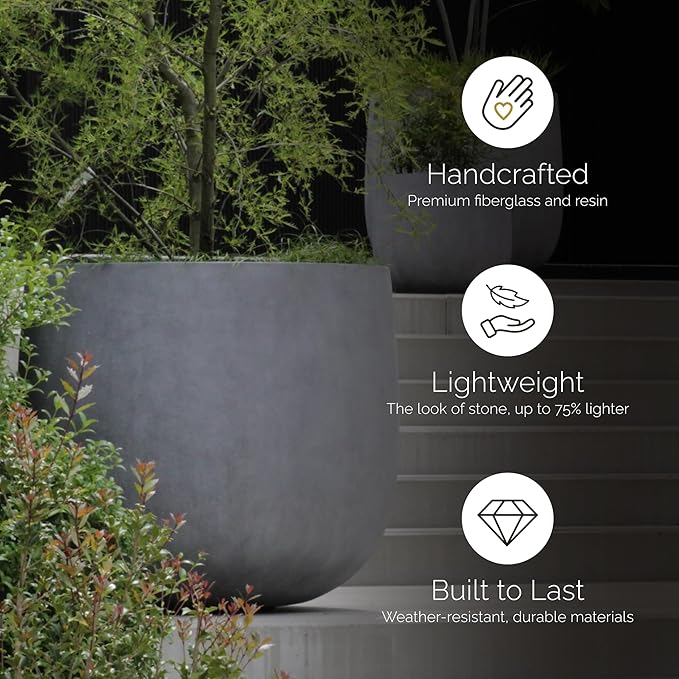Mondo Large Planter – Brown Stone Finish – Fiberglass Indoor/Outdoor and Weather-Resistant Round Planter (39.4" D x 39.4" H Exterior, 37.8" D x 39.4" H Interior)
