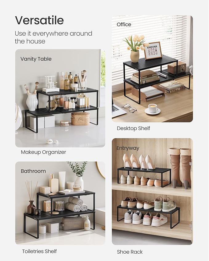 SONGMICS Set of 2 Expandable Pantry Kitchen Organizers, Adjustable Spice Rack, Stackable Cabinet Organizers, Metal, Space-Saving Tabletop Shelves, Matte Black UKCS402B01 (Pack of 2)