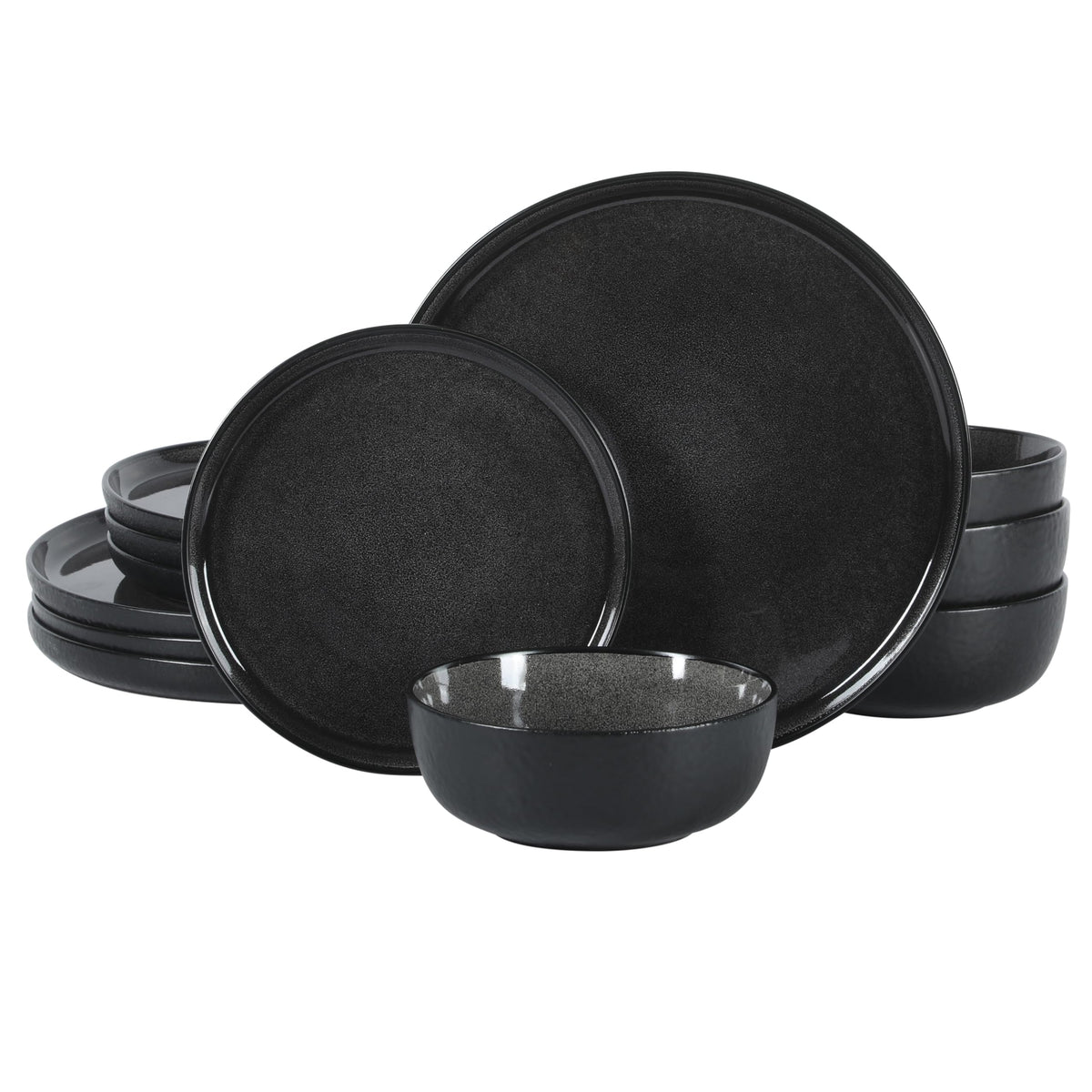 Gibson Elite Tahoe Sunset 12 Piece Stoneware Reactive Glaze (Service for 4) Ceramic Plates and Bowls Dinnerware Set - Black