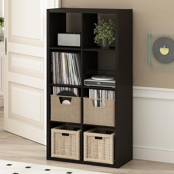 Furinno Cubicle Record Player Stand with Vinyl Storage, 8-Cube 1.2 Extra Thick Vinyl Record Storage, Open Back Media Shelf for CD DVD Blueray Game Disc, for Living Room, Home Office, Black Dark Oak