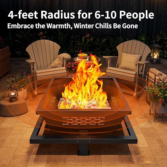 Auhilence 36 inch fire Pit, Square Outdoor Fire Pit with Poker, Wood Burning Fire Pit for Camping, Backyard, Patio